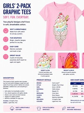 Cat & Jack Pink Short-Sleeve Ice Cream & Butterfly Graphic Tee - 2-Pack